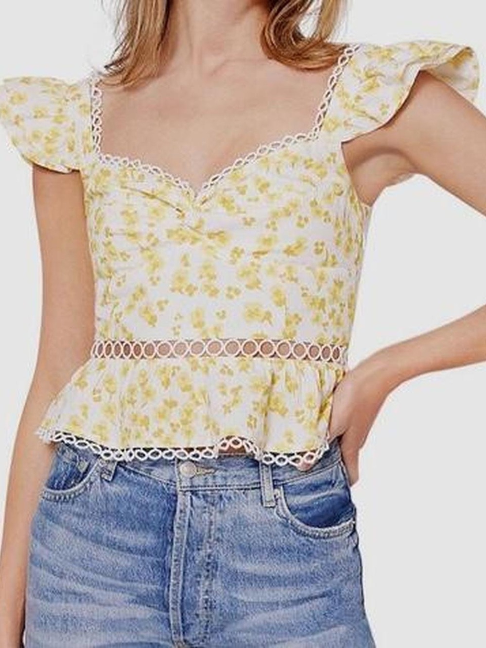 RAHI Yellow Floral Cotton Eyelet Trim Smocked Peplum Blouse Top Size S